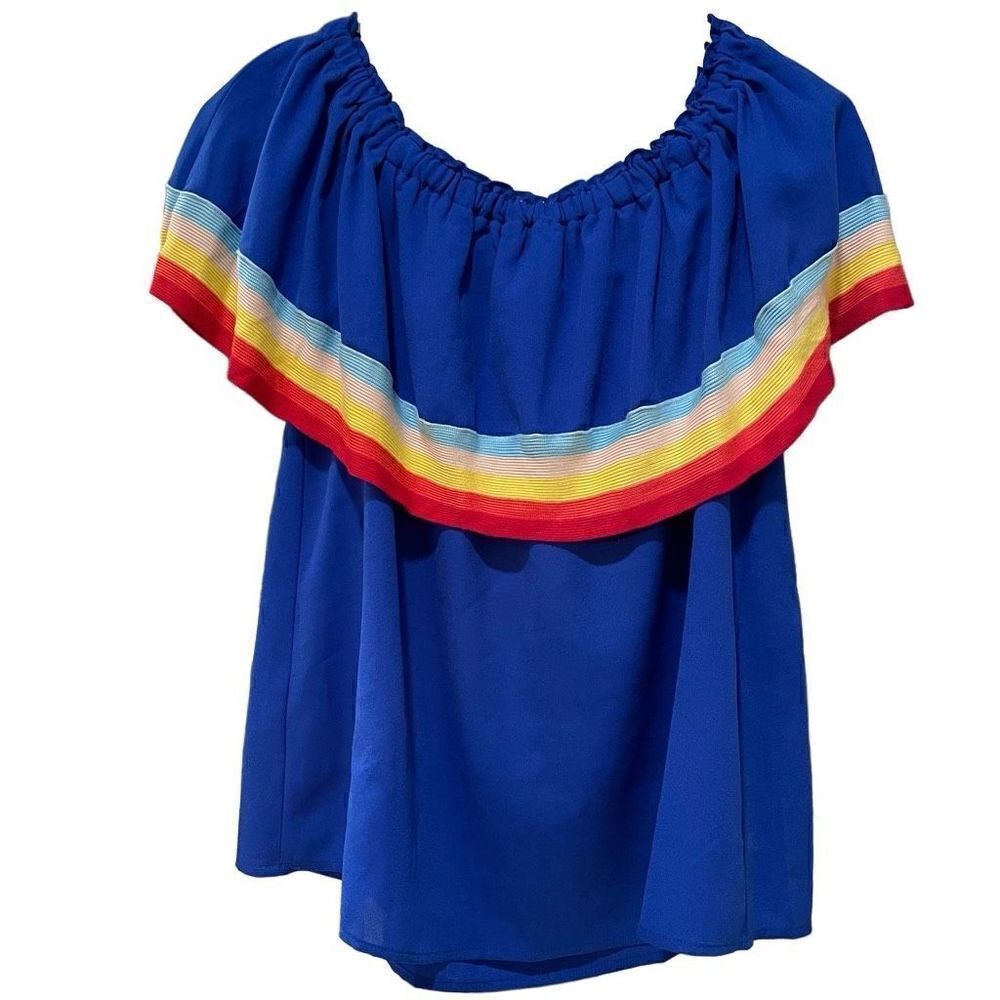 entro Blue Off-Shoulder Blouse with Rainbow Trim